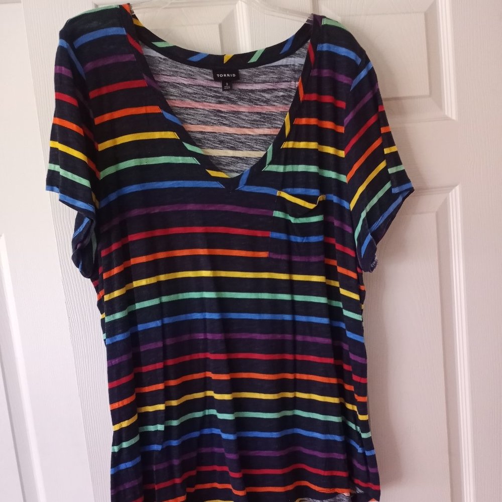 Torrid Sz3 Pocket Tee Rainbow Stripe and Navy Tee